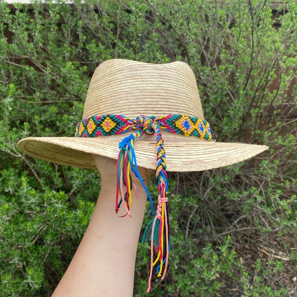 Tan Palm Straw Hat with colorful hatband main image 8